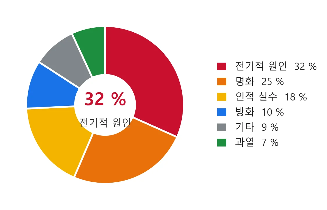 화재 원인 통계 — 전기가 약 3분의 1을 차지하는 최대 단일 원인 중 하나
